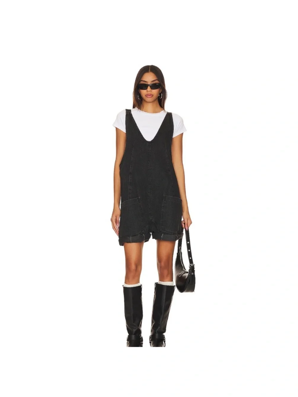 Free People The High Roller Shortall Washed Black Romper Jean Relaxed Fit Sz M
